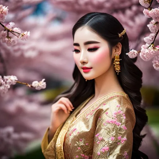 Prompt: 3rd person view of an isreali woman, garden, cherry blossoms, traditional clothing, realistic face, ultrarealistic, super detailed, eyes closed, blue traditional dress, gold lighing