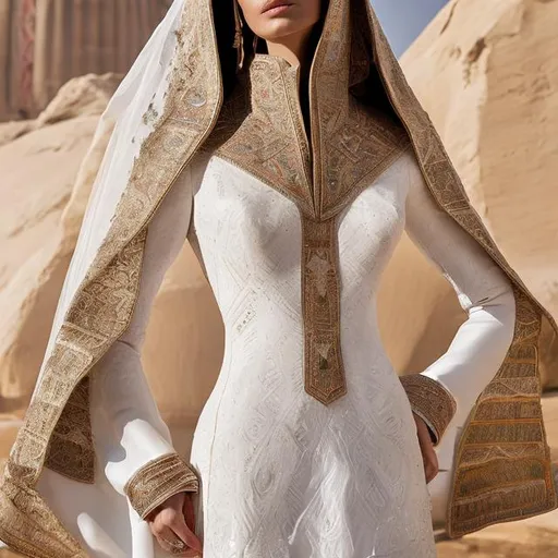 Prompt: A women's wedding dress with heritage and pharaonic inscriptions, white in color and golden pharaonic inscriptions, mixed with a modern cut, worn by a beautiful woman