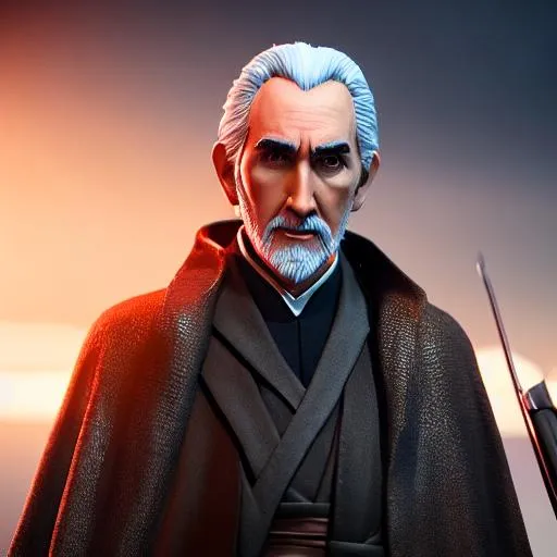 Prompt: count dooku , UHD, HDR, 8K, RPG, UHD render, HDR render, 3D render cinema 4D, cinematic light, high res intricately detailed complex