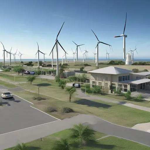 Prompt: Create a background view for a renewable energy project office company located at beaches and dunes. Optimistic