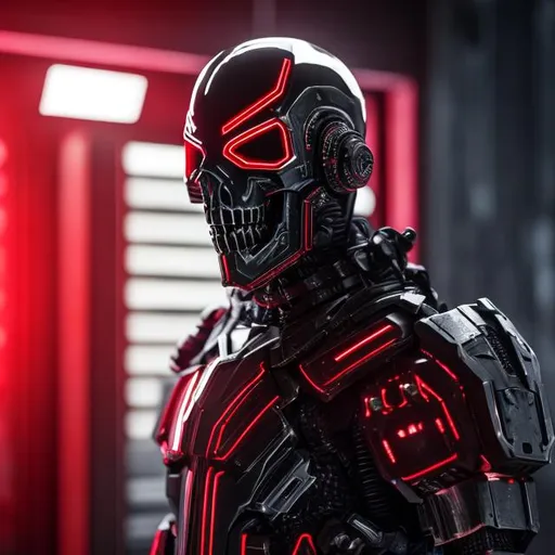 Prompt: A person in a futuristic black metal suit with a metal red skull mask on top of a helmet, has futuristic red LED light between his armor plates, 4k quaility