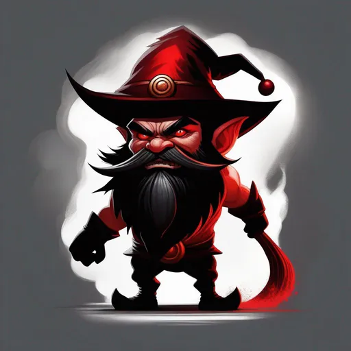 Prompt: portrait of a tiny dwarf as an evil creature, angry, pissed off, skinny, dark magic, terrifying face, beard, red hat, creepy pose, full body, dramatic lighting, dark and horror, dust, sharp teeth, huge smile, red eyes, intricate, wild, highly detailed, digital painting, artstation, concept art, smooth, sharp focus, illustration, art by artgerm and greg rutkowski and alphonse mucha, footage from space camera