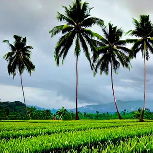 Prompt: Monsoon, grass field, train, banana trees, coconut trees, serene, bliss

