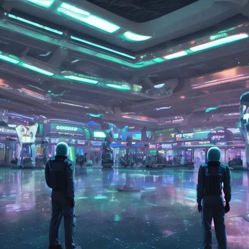 Prompt: Cockatoo security guards in a busy alien mall, widescreen, infinity vanishing point, galaxy background, surprise easter egg