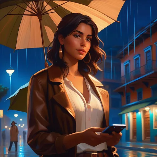 Prompt: Third person, gameplay, Colombian girl, olive skin, brown hair, brown eyes, 2020s, smartphone, Bogota at night, light rain, blue atmosphere, cartoony style, extremely detailed painting by Greg Rutkowski and by Henry Justice Ford and by Steve Henderson 