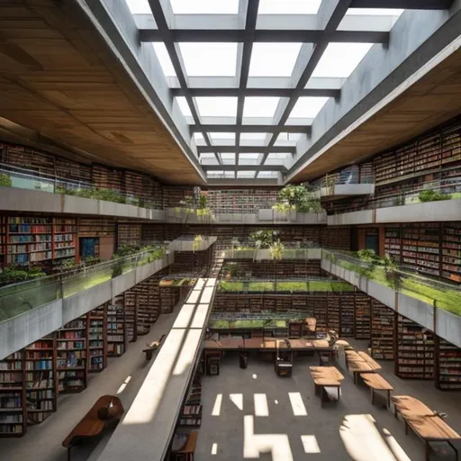Prompt: a large multi story library filled with books and with brutalist architecture and lots of skylights and foot paths  