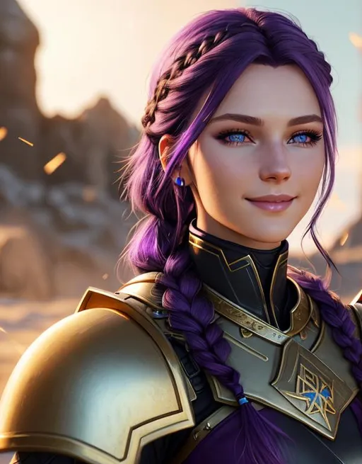 Prompt: Digital art, bright colors, subtle smile, 20-year-old woman viking, dark purple hair, one braid, light blue eyes, cut over left eye to on cheek bone, black gear, gold armor, unreal engine 8k octane, 3d lighting, full body, full armor