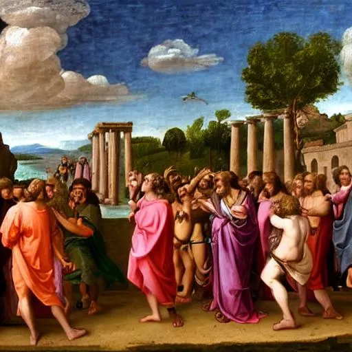 Prompt: Renaissance painting of the year 100 BC with people in a roman village, highly detailed, hyperrealism, award winning, vibrant colors, bright sky, touches of pink, and light green in the following dimensions "23.4inches by 16.5inches"
