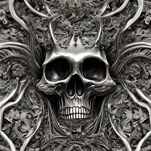 Prompt: the source of future growth dramatic, elaborate emotive metallic Baroque and Rococo styles to emphasise death as a transcendental, seamless pattern, symmetrical, large motifs, sistine chapel ceiling, 8k image, sharp focus, gothic mothifs and (skulls:1) in rococo style, black metal forge,  black colors, perfect symmetry, 3D, no blur, sharp focus, photorealistic, insanely detailed and intricate, cinematic lighting, Octane render, epic scene, 8K