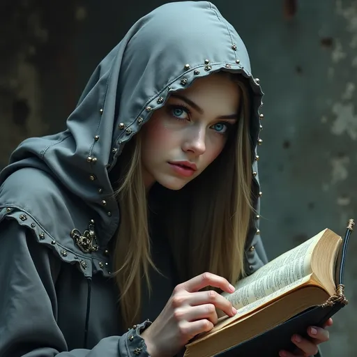 Prompt: side view, a woman in her late
 20's with thin close fitting gray hood, blue eyes with (((head turned toward viewer))), reading a book, holding grimoire close to face, peeking over the top of book, grimoire, ((((occult art)))), lost grimoire, gothic fantasy art, gothic art, holy cyborg necromancer girl, beautiful necromancer girl with fanatical expression, gothic art style, priestess of the damned, dark fantasy horror art