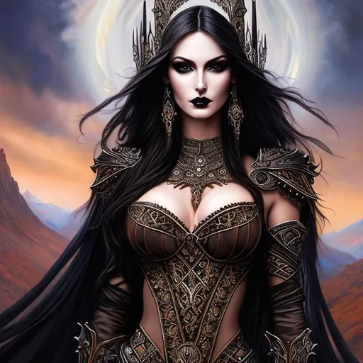 Prompt: Stunningly beautiful masterpiece, warrior goddess, Jay Scott Campbell, gothic makeup, Victorian armor, body by Jay Scott Campbell, oil painting, 64k, tattoos, bare midriff, tall and slender, blonde hair, big eyes