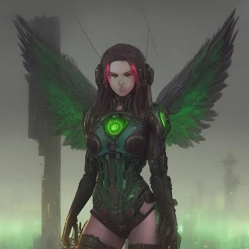 Prompt: Beautiful female angel of death, radiation, Chernobyl, green, gothic, stalker, tattoos, cyberpunk, mech, red fire