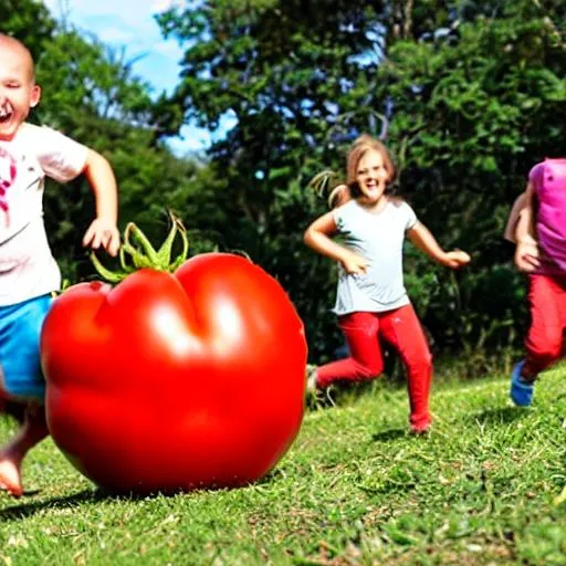 Prompt: Show a  giant tomato running behind little kids