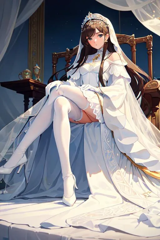 Prompt: (masterpiece), best quality, dull eyes, perfect face, 1girl, fifteen years old girl, long brown hair, long hair, brown eyes, white silk headdress, white veil, full body, white bridal gown with blue roses, white long gloves, white knee-socks, blue mary jane shoes, looking toward the viewer, demure expression, sitting on a throne, legs crossed, white neck covering chocker, latex chocker, yellow jewel on the chocker