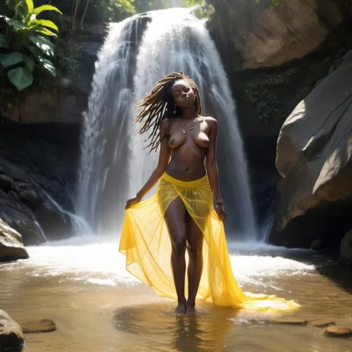 Prompt: A wide tropical waterfall. A skinny beautiful black woman, in a yellow see-through and translucent summer skirt with sunlight shining through the skirt. No top. Mammaries. Front facing. She has long dreadlocks coming down her back. She is facing the camera. Laying down. Prostate. The sun is visible through her dress between her legs. She is changing her clothes.  She is wet. Water colour style.