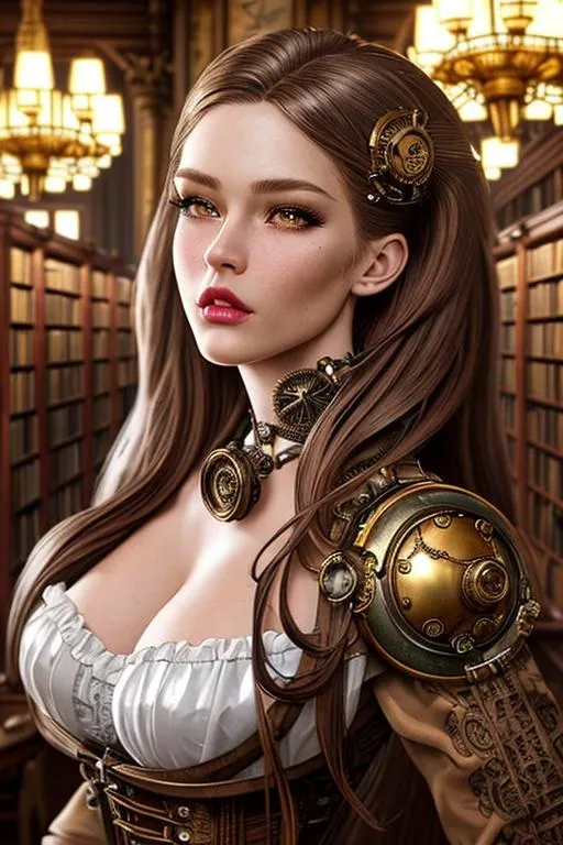 Prompt: ((best quality)), ((masterpiece)), ((realistic)), hd octane render, masterpiece face, intricate hyperdetailed best quality attractive woman, cinematic shot, upper body, centered, 80mm lens, perfect angle, dynamic pose, hyperdetailed steampunk library interior, long hair, messy wob, ombre,  steampunk wear ,hyperdetailed, hyperdetailed face, gloss lips, (detailed beautiful red eyes, detailed mouth and lip, detailed face, expressive), cinematic lighting, volumetric lighting, studio lighting, neon light, global illumination, reflection, neon reflection, soft shadow,depth of field:0. 4, blur, bloom:0. 2), contrast, vivid color, (Detailed, ultra detailed, finest detail, intricate),