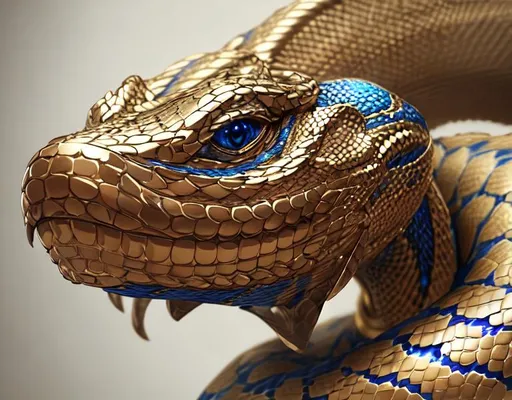 Prompt: Anthropomorphic majestic snake, portrait, finely detailed armor, gradient blue to yellow, cinematic lighting, intricate filigree metal design, 4k, 8k, unreal engine, octane render