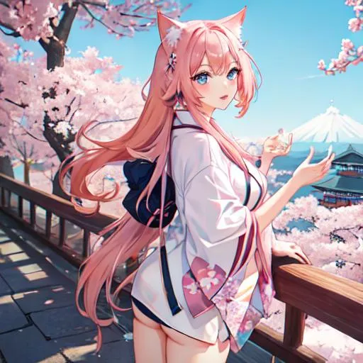 Prompt: Japan as a female human, 8k, UHD,  highly detailed, pink hair, blue eyes, cat ears, wearing a casual outfit