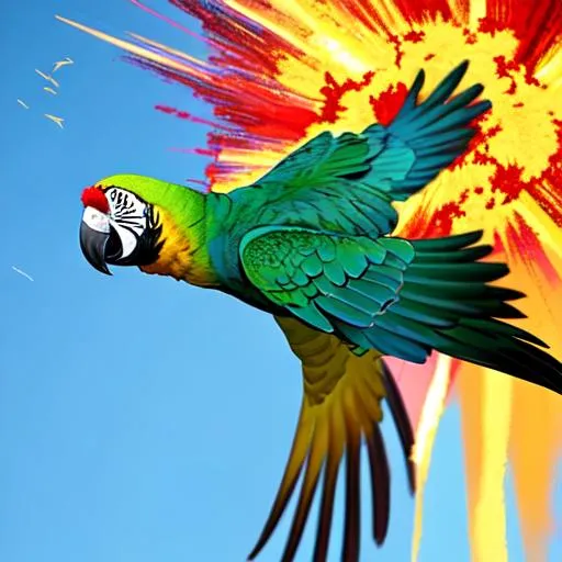 Prompt: parrot flying in a explosion