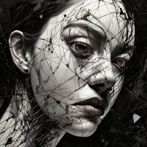 Prompt: geometric black and white dark woman background dark sky, jenny saville, edward hopper, surrealism, dark art by james jean, takato yamamoto, inkpunk minimalism, realistic colors, hyperrealistic, hdr, delicate detail, highly detailed, masterpiece, very beautiful, adorable, marvelous, exquisite, captivating, alluring, award winning, spectacular, trendy, polished, very cute, glorious, fabulous, excellent, astonishingDark colors, Alasdair McLellan, digital painting; Crown over the head, by Daniel Merriam, Nikolina Petolas, Peter Gric, Dariusz Klimcza full colors, hair backlighting, back lighting, volumetric lighting, 8K, perfect eyes, perfect pupils, expressive eyes, hands by Albrecht Durer, smoke, particle fx, mist, fog, fire, explosions, debris


