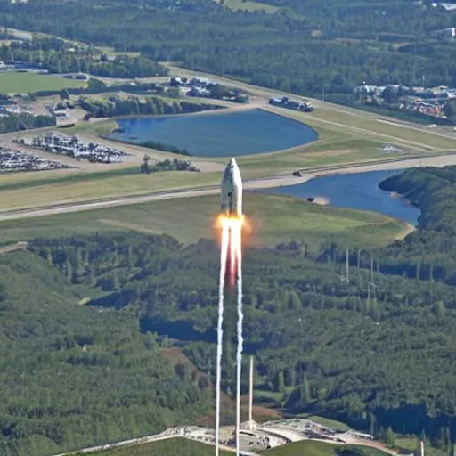 Prompt: A rocket launch with launch site below, viewing from top.