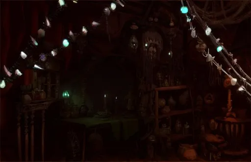 Prompt: highly detailed, inside witch house occult, rocks and teeth in strings haning from ceiling , art, concept art, 