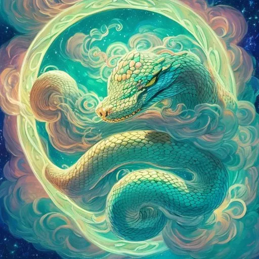 Prompt: Title: "The Serpent in Celestial Harmony"

Description: Imagine a celestial landscape with a serene, heavenly atmosphere filled with fluffy clouds and radiant light. In the midst of this heavenly scene, depict a coiled serpent. However, instead of appearing menacing, the serpent could be portrayed as a guardian or a symbol of transformation.

You can add elements like vibrant colors, intricate patterns on the serpent's scales, and a calm expression on its face to emphasize the idea that even something typically considered "bad" can exist in harmony within a heavenly setting. This artwork can convey the message that balance and unity can be found in unexpected places.

Feel free to adapt this concept to your artistic style and preferences. The key is to challenge conventional notions and create a thought-provoking piece of art that sparks curiosity and contemplation.