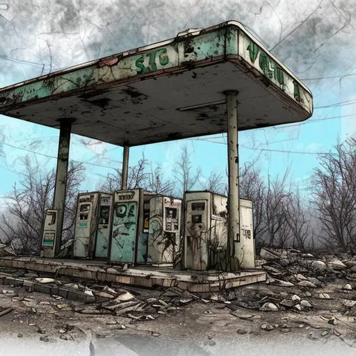 Prompt: abandoned sideroad gas station sketch postapocalyptic style