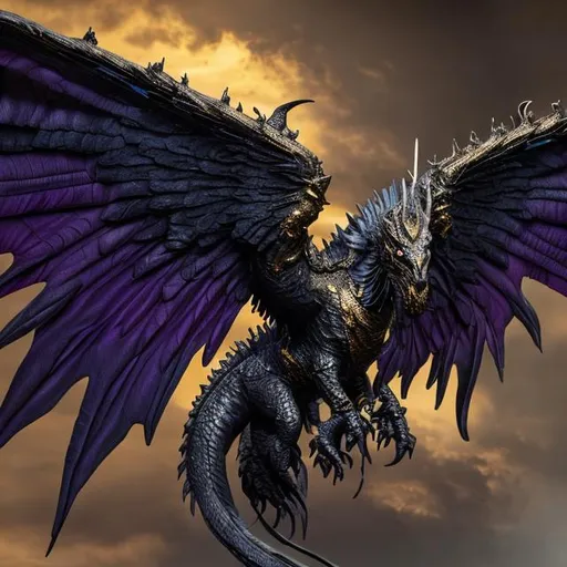 Prompt: a majestic well detailed black, gold and purple scaled dragon, wings both sides well polished, sky highly detailed, in the style of leonard hale redefine