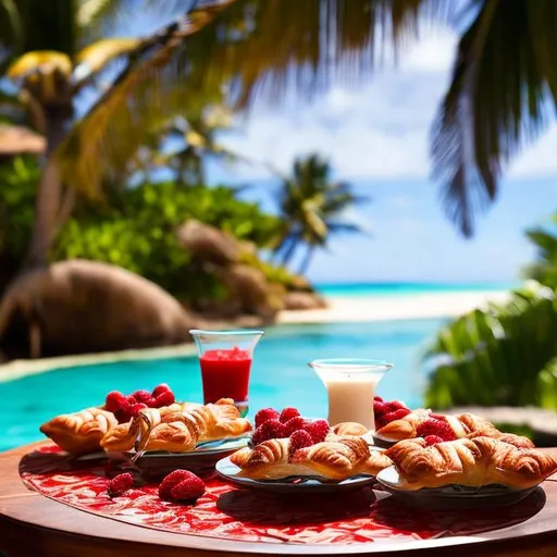 Prompt: "Generate an image of a scene at a tropical beachside setting, where the table showcases a relaxed beach paradise vibe. Place a plate of delicious meat pastries as the main dish, emphasizing their mouthwatering appearance. For dessert, include a tempting coconut pudding with a drizzling of red berry sauce, making it the focal point of the scene. Additionally, feature a glass of exceptionally refreshing and sparkling green grape juice with plenty of ice cubes. The emphasis should be on the appetizing food and drinks, while the table should exude the laid-back ambiance of a beach paradise."" ultra hd, realistic, vivid colors, highly detailed, UHD drawing, pen and ink, perfect composition, beautiful detailed intricate insanely detailed octane render trending on artstation, 8k artistic photography, photorealistic concept art, soft natural volumetric cinematic perfect light"

