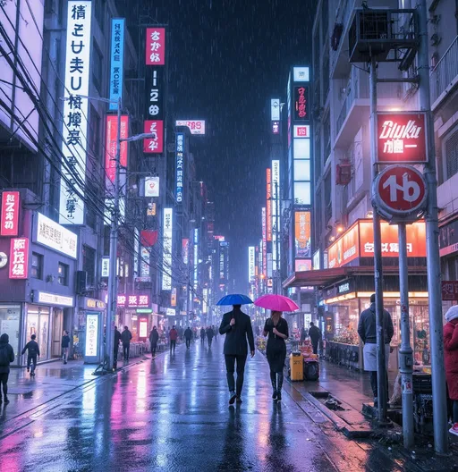 Prompt: Japanese city street, bustling people walking in the rain, vibrant umbrellas, dazzling neon signs illuminating the buildings, a fusion of Ai-Mitsu and rayonism styles, reflecting cyberpunk art elements, shadows of rain droplets creating a moody atmosphere, high tension in every detail, ultra-detailed, cinematic lighting, reflecting vibrant colors on wet pavement. 