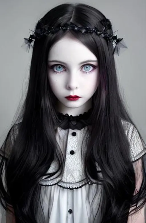 Prompt: award winning portrait photo of very dark and gloomy girl with black eyes on bluish eye white, blood traces on the face, very dark lips, pale skin, very black hair, impassible face, a bit crazy, a bit autistic, very clever, stunningly beautiful, lost gaze, add faint pink skin color and faint blue eye color, very black hair, black eyes, Wednesday Addams, highly detailed, digital painting, elegant, intricate, portrait, very attractive, beautiful ,dynamic lighting ,wallpaper, close up, high definition, cinematic postprocessing, pixel art 