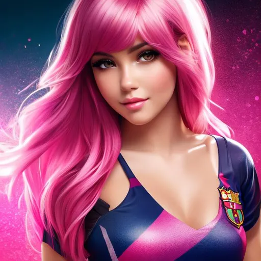 Prompt: Full body Portrait of { Beautiful naughty girl } with {pink} hair and with cute face, {At the Spanish FC Barcelona stadium}, full body, perfect composition, hyperrealistic, super detailed, 8k, high quality, trending art, trending on artstation, sharp focus , Realistic background image hd, intricate details, highly detailed.