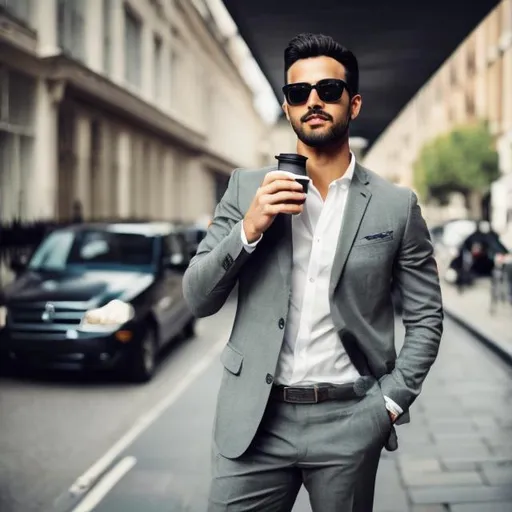 Prompt: A man standing in a street in London,with coffee,with perfect outfit, suits,with formal shoes, background appartments, photorealistic,smart,cars parked in the street, walking ,clear mouth and face , coffee in hand 