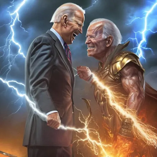 Prompt: Joe biden smiting a mortal with lightning