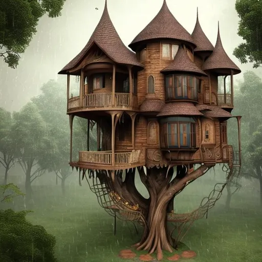 Prompt: high tree house rain on the background and inside the home with a couple in the house realistic