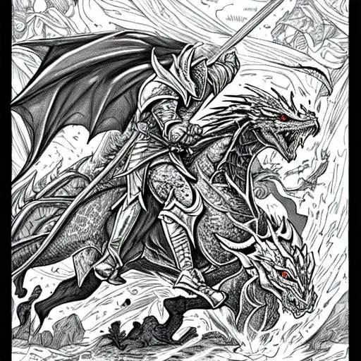 Prompt: black and white coloring page of a knight fighting a dragon