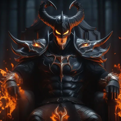 Prompt: a death knight with a Venom mouth (Venom movie), with horns forward on his forehead, orange fire eyes, sit in throne of fire, Hyperrealistic, sharp focus, Professional, UHD, HDR, 8K, Render, electronic, dramatic, vivid, pressure, stress, nervous vibe, loud, tension, traumatic, dark, cataclysmic, violent, fighting, Epic