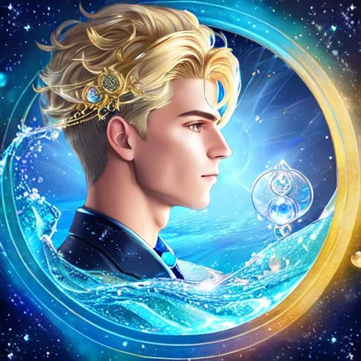 Prompt: portrait Aquarius tarot, profile view, blonde haired(male), sapphire eyes, short hair, (male), sparkles, 3D lightning, water waves, bubbles, dolphin, fish, tarot card (custom), (filigree head decoration), golden halo, 4K, 8K, wide angle, profile view