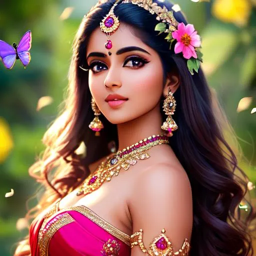 Prompt: a cute indian girl wearing a dazzling gown with hairs wide open , beautiful eyes and gorgeous face , smooth and realistic face cut and skin , walking in the middle of the nature with beautiful flowers around her and butterflies fluttering in the background , a full body portrait , realistic , full hd , 8 k 