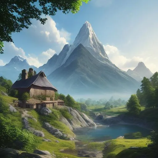 Prompt: Photorealistic Dramatic, Akvarell, Landscape with trees and mountains, Avatar Style, A cottage, Sun is shining, beautiful, ultra detailed, 8K