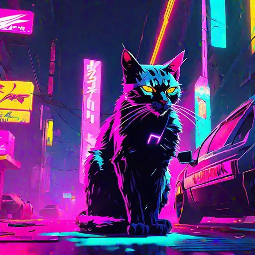 Prompt: Stray cat prowls, Multiple layers of blinding bright neon, Cyberpunk2077 style