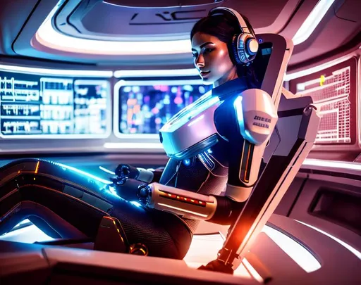Prompt: a spaceship pilot in a reflective suit with robotic limbs, laying down in a pod, in a cyberpunk setting, cyborg, implants, high details, realistic , professionally colour graded, photorealism, 8k, grim dark lighting, art by sakimichan