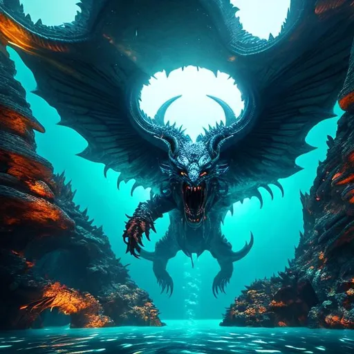 Prompt: Demon from hell with claws  coming out of circular portal from hell,Atlantis city underwater, highly detailed, color, cinematic, vibrant, sharp focus, ultra-hd, mesmerizing, fantasy, lighting,  vibrant, blue yellow and green tones, 12k