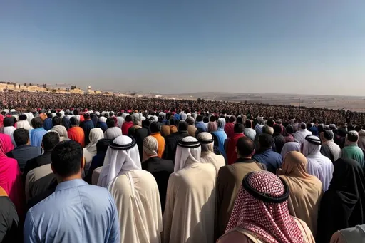 Prompt: Arab people standing on a hill looking at the sky, hands up to the sky praying, side view of crowed, ultra-wide lens, very beautiful, sun in the middle of sky