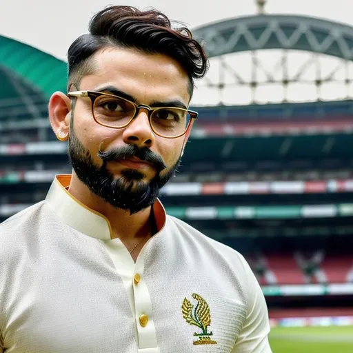 Prompt: Mid shot, Virat Kohli, hair slicked back, neatly trimmed moustache, thick rimmed square glasses, slight smile, wearing bengali style kurta with golden embroidery, Kolkata Eden garden stadium in the background, slightly shallow depth of field, soft diffused daylight, photorealistic, hyper-realistic, cinematic look