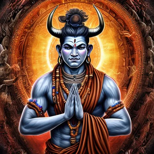 Prompt: Potrait image with multiple characters, one is a masculine human bull, with beautiful psychedelic horns, suited like a monk warrior, who is praying to Lord Shiva Large form like a sadhu warrior 