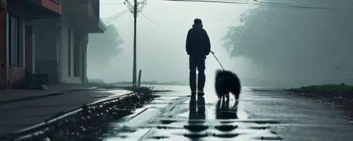 Prompt: Man with his dog on the street collecting garbage and looking at the blue sky with misty clouds with sad eyes