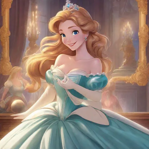 Prompt: Vivid, detailed, Disney classic art style, Giselle Disney princess, smiling, ball gown, anime, tiara, visible cleavage