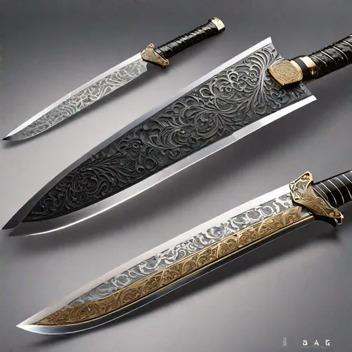 Prompt: ((A machete and a katana fused together)) in a mesmerizing display of craftsmanship, creating a powerful hybrid blade that embodies the spirit of both weapons. The blade gleams with a radiant metallic sheen, showcasing intricate engravings that depict ancient symbols of strength and elegance. Sparkling droplets of water splash off the blade, hinting at a recent battle or a lush, tropical environment. Shadows dance gracefully along the edges, adding depth and a sense of mystique to the artifact. Sunlight filters through the surrounding foliage, casting a soft golden glow on the extraordinary fusion. With each swing, the blade emits a faint ethereal humming sound, as if resonating with the spirits of the warriors who wielded its ancestors.